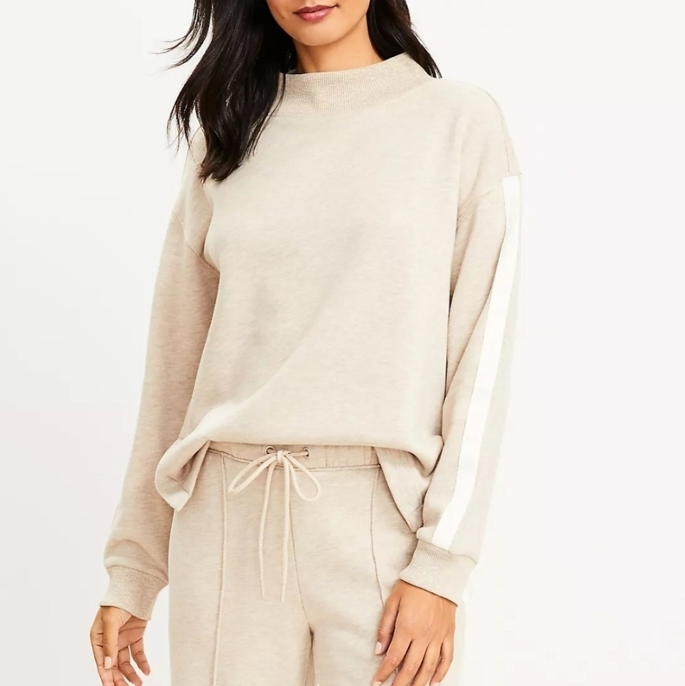 Loft Lou & Grey Striped Sleeve Fluffy Fleece Cotton Blend Mock Neck Sweatshirt